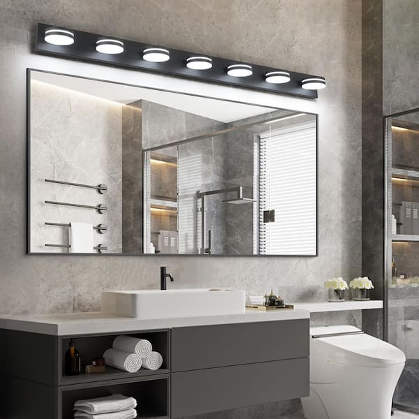 55 in. 7-Light Black LED Vanity Light with Dimmable 5500K Light and 270° Swivel Range Acrylic Shade