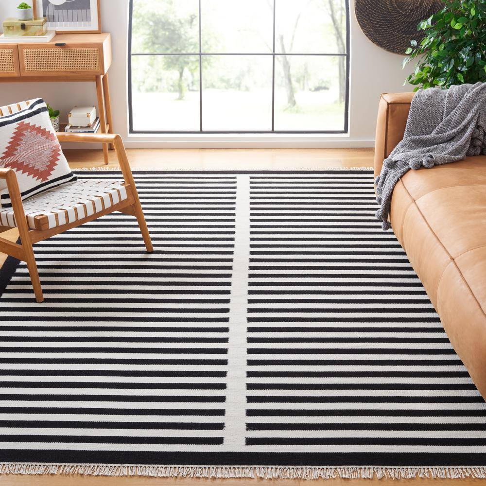 Black and White Striped Wool 8' x 10' Area Rug
