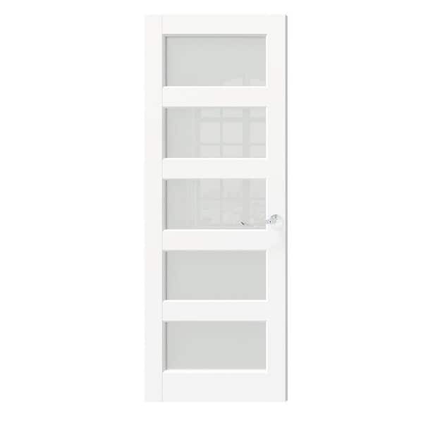 30 in. x 80 in. MDF Composite, Primed, White, 5 Lite, Frosted Glass Interior Door Slab with Silver Curved Doorknob