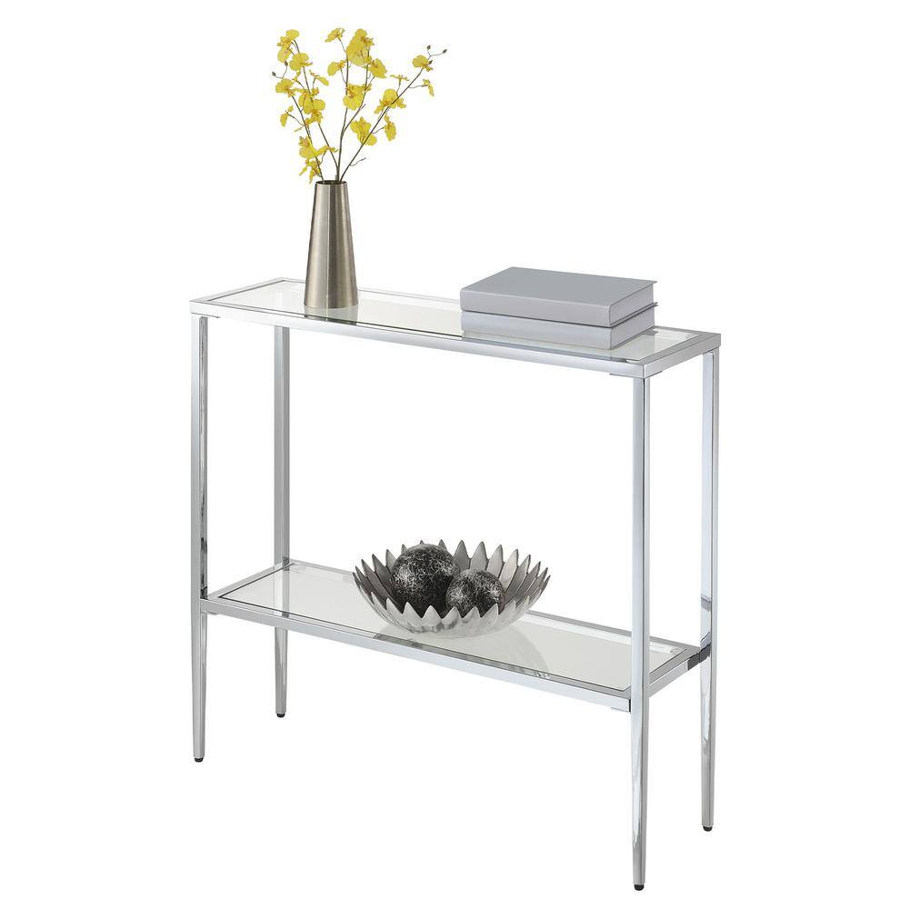 Nadia Chrome Metal Entryway Hall Table with Glass Shelves