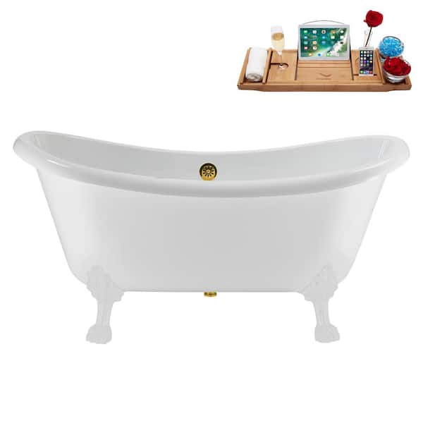 Streamline 59 in. x 28 in. Acrylic Clawfoot Soaking Bathtub in Glossy White with Polished Gold Drain, Glossy White Clawfeet