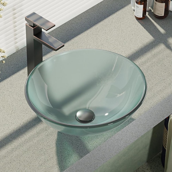 Rene Glass Vessel Sink in Frosted with R9-7003 Faucet and Pop-Up Drain in Antique Bronze