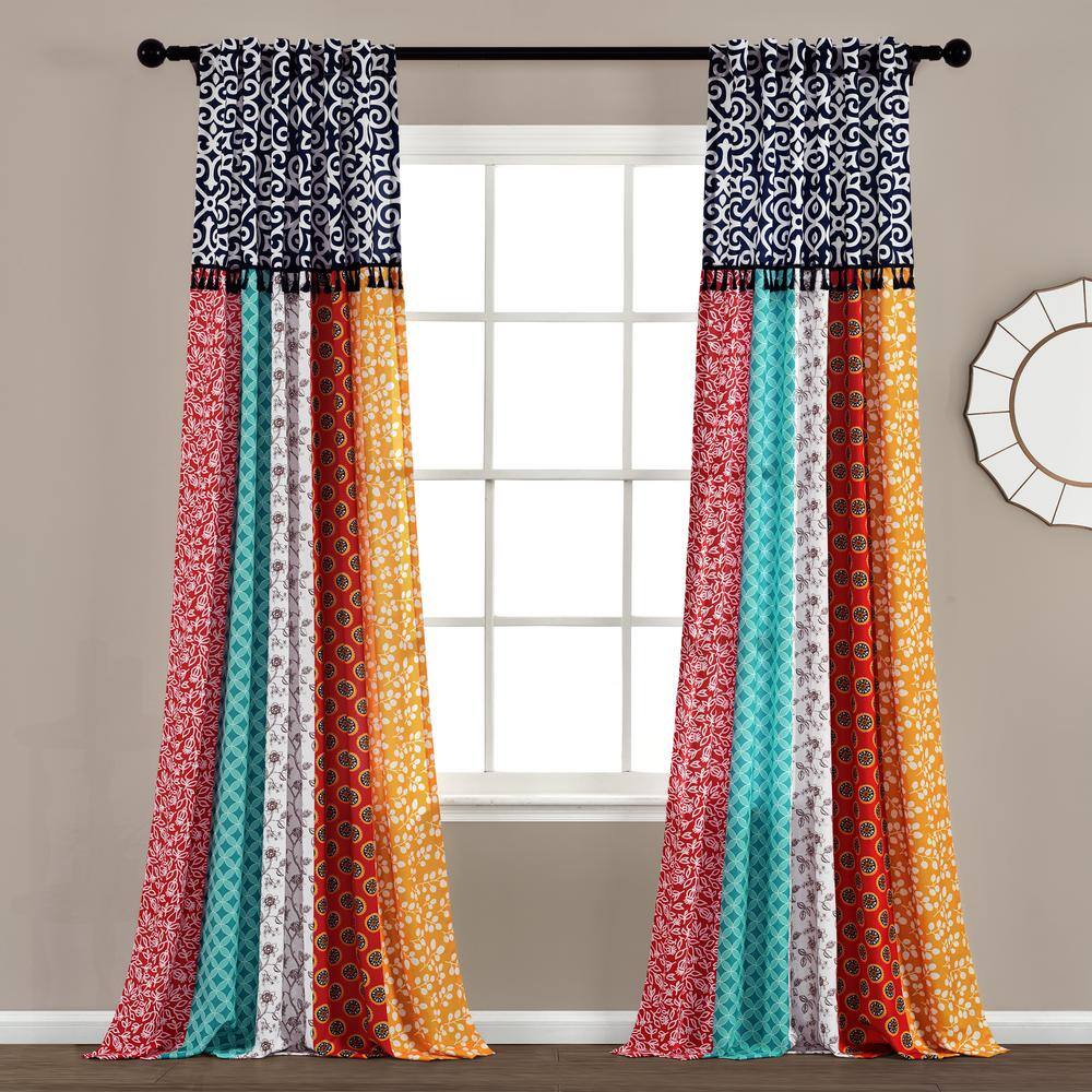 Navy and Multicolor Bohemian Patchwork Polyester Curtain Panels, 95" x 45"