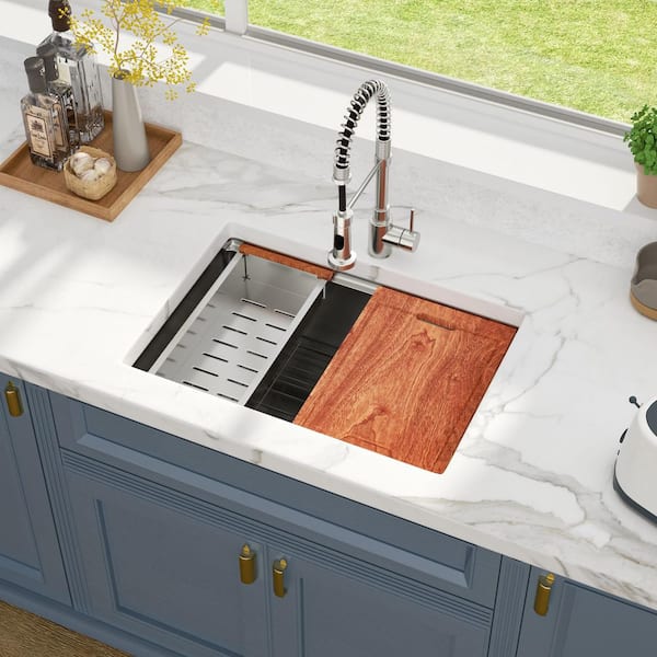 Stainless Steel 16-Gauge 28 in. Single Bowl Undermount Workstation Kitchen Sink Basin with Bottom Grid