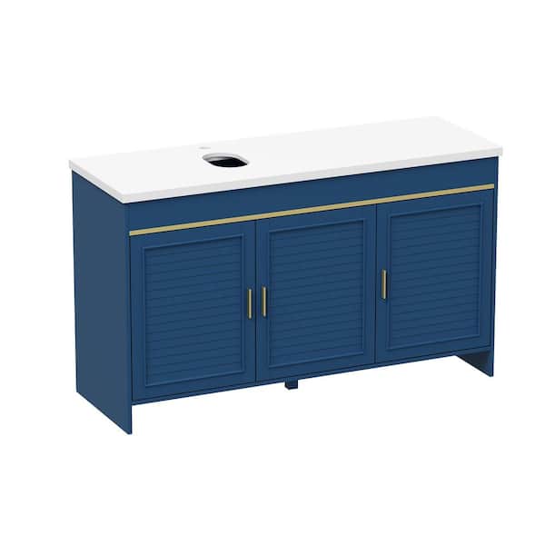 FUFU&GAGA 55 in. W x 18.9 in. D x 32.6 in. H in Blue Wooden Ready to Assemble Free Standing Bathroom Cabinet with White Top