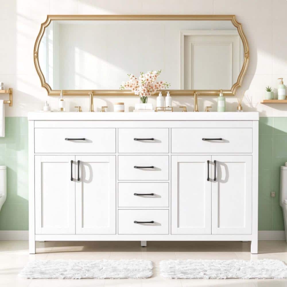 LuckByte 59.3 in.White Wood Rectangle Vessel Sink Bathroom Vanity with ...