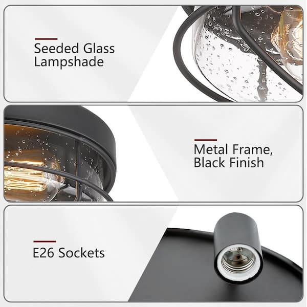 12 in. 2-Light Farmhouse Black Ceiling Light Fixture with Seeded Glass Shade Flush Mount