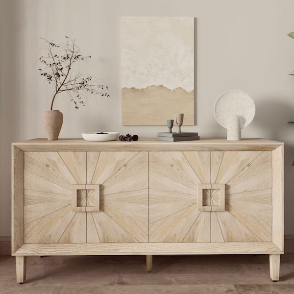 Farmhouse Antique Beige Wood 59.8 in. Sideboard with Symmetrical Sunburst Door Design and Adjustable Shelves
