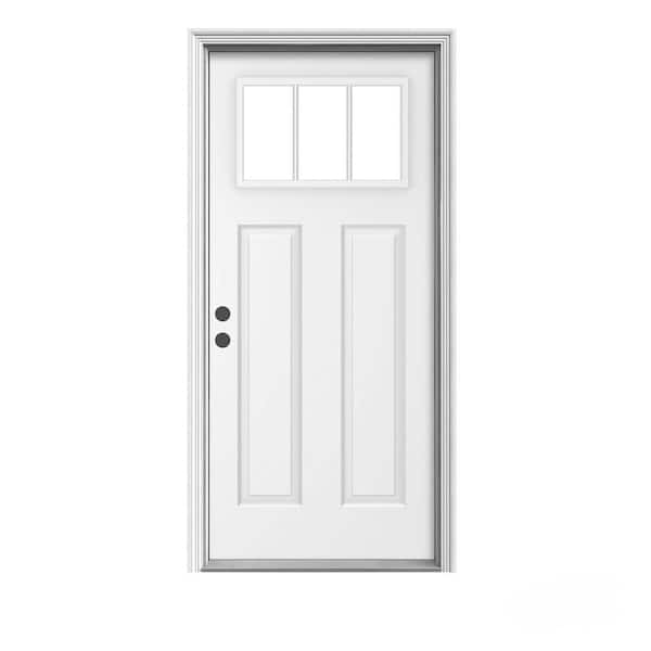 JELD-WEN 36 in. x 80 in. 3-Lite Craftsman White Painted Steel Prehung Right-Hand Inswing Front Door w/Brickmould