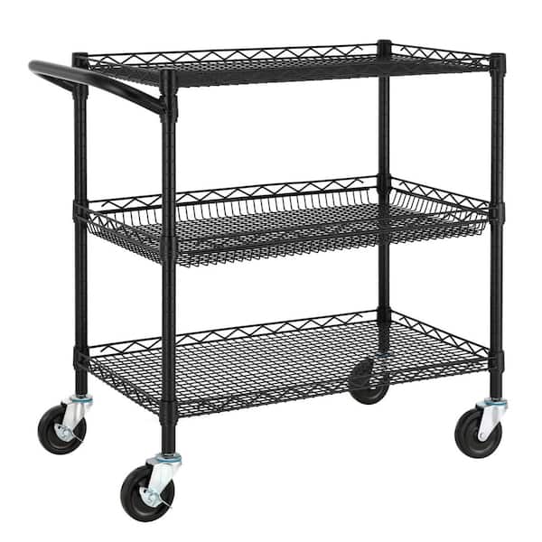 MOEPISY 3 Tier Heavy Duty Commercial Grade Utility Cart, Wire Rolling Cart with Handle Bar Outdoor Tables Serving Bars Black