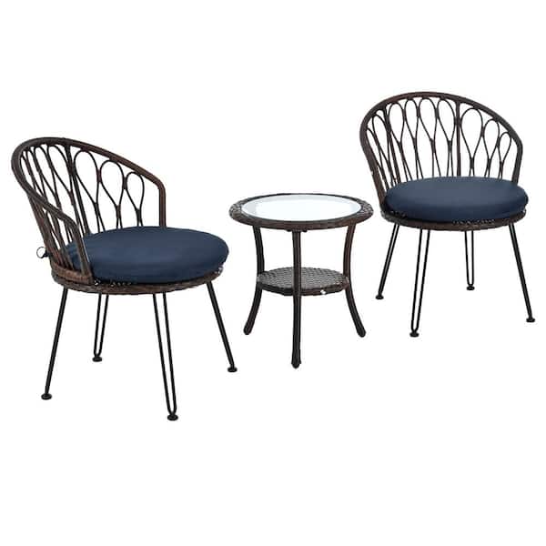 Unbranded 3 Piece Brown Wicker Round Outdoor Bistro Set with Blue Cushions, Patio Leisure Set for Balconies Courtyards