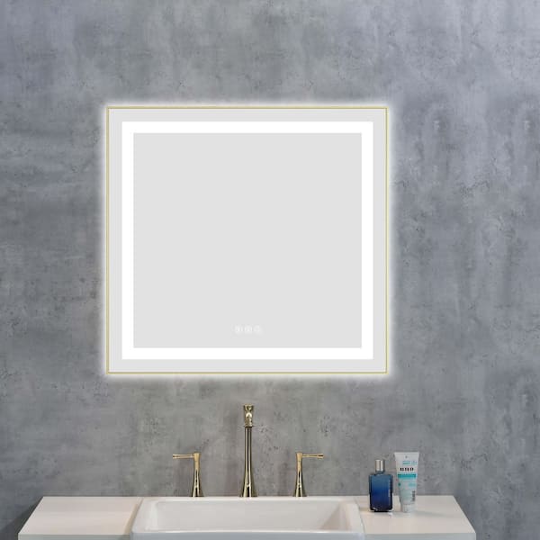 Brushed Gold 30.00 in. W x 28.00 in. H LED Modern Rectangle Aluminium Framed Wall Mirror