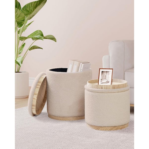 Fabric Beige Apricot Boucle Upholstered Round Ottoman Pouf with Tray Set of 2 Storage Footrest for Living Room