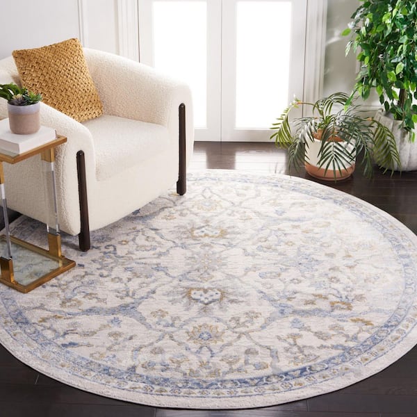 Palma 5 ft. x 5 ft. Beige/Light Blue Ornate Border Round Area Rug