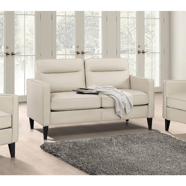 Coaster Jonah 53.25 in. Ivory Faux Leather Upholstered 2 Seats Track Arm Loveseat