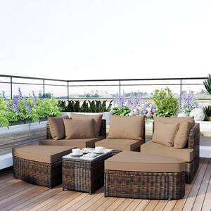 6-Piece Patio PE Rattan Wicker Outdoor Sectional Set Round Sofa Seating Group with Coffee Table, with Brown Cushions