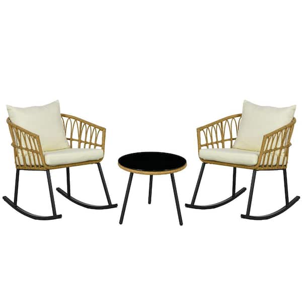 Sudzendf Brown 3-Piece Wicker Patio Conversation Set with Beige Cushions, Glass Top Coffee Table