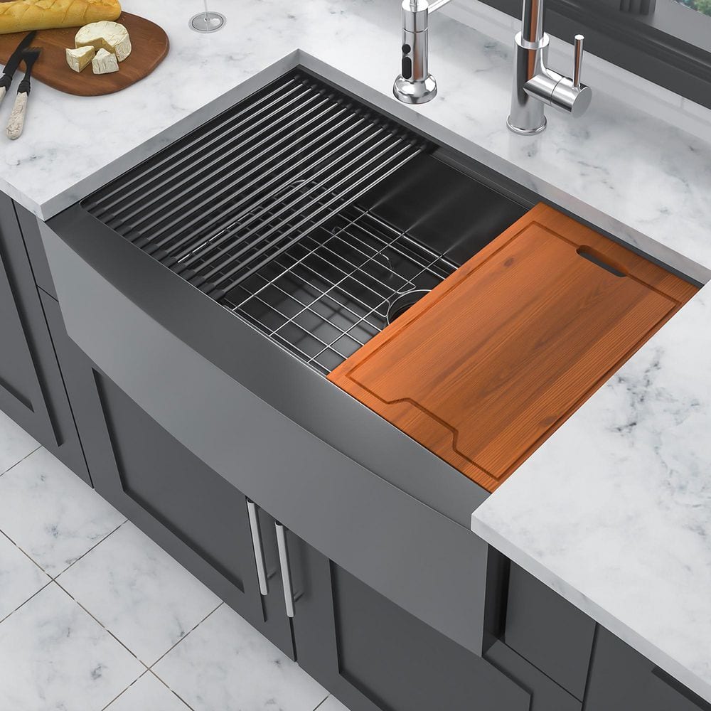 30 in. Farmhouse Single Bowl 16 Gauge Gunmetal Black Stainless Steel Kitchen Sink with Workstation price history on PriceWatchPro