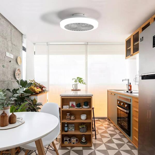 18 in. White Low Profile Flush Mount Bladeless Standard Ceiling Fan with LED Light Dimmable 2 Airflow Modes