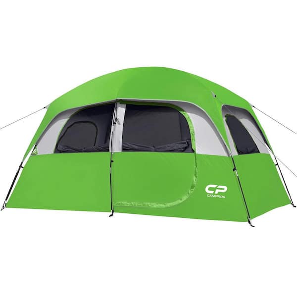 Zeus & Ruta 7 ft. x 11 ft. 6-Person Green Windproof Camping Tent with Rainfly, 4-Large Mesh Windows, Double Layer and Carry Bag