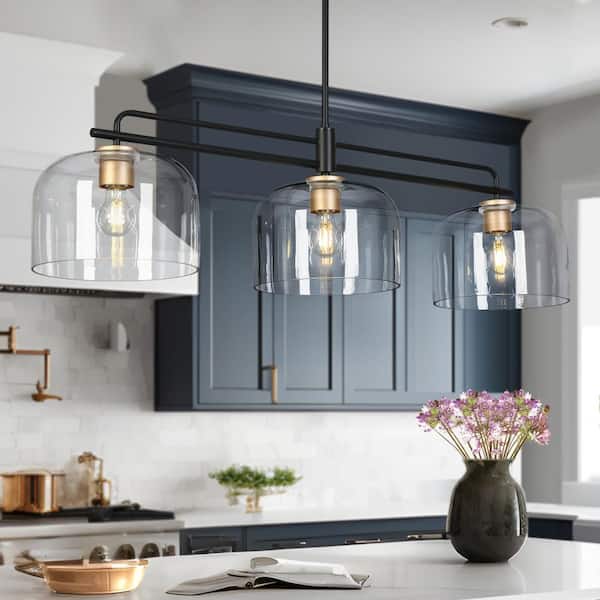 Modern Industrial 43.3 in. 3-Light Linear Black Pendant Light, Kitchen Island Hanging Lamp with Dome Clear Glass Shade