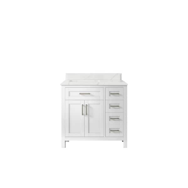 Willow Collections Cambridge 36 in. W x 22 in. D x 36 in. H Left Offset Sink Bath Vanity in White with Cove Edge Calacatta Quartz Top