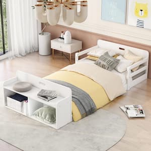 White Wood Frame Twin Size Floor Bed with Storage Case and Guardrail
