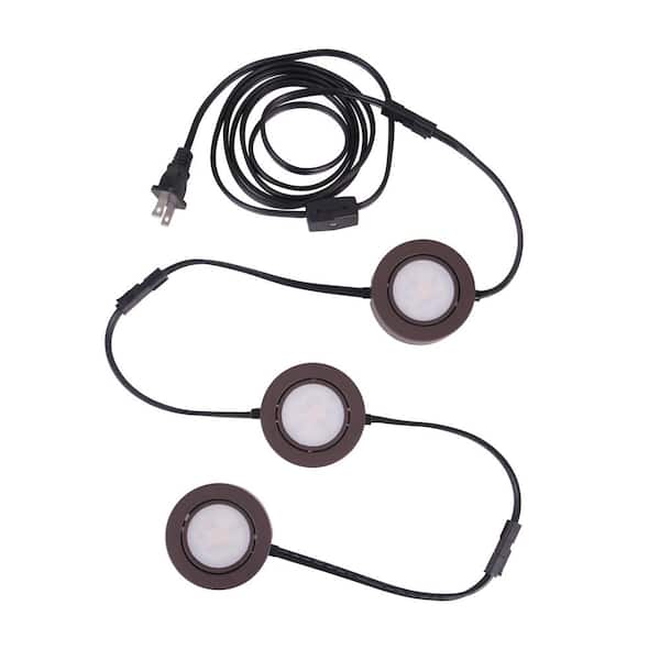 Plug-In 3 Light Dimmable Integrated LED Under Cabinet Puck Light in Bronze Finish