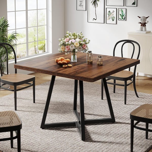 Lesley Industrial Brown Wood 31.5 in. Metal Trestle Dining Table, Square Dinner Table for Small Space (Seats 4)