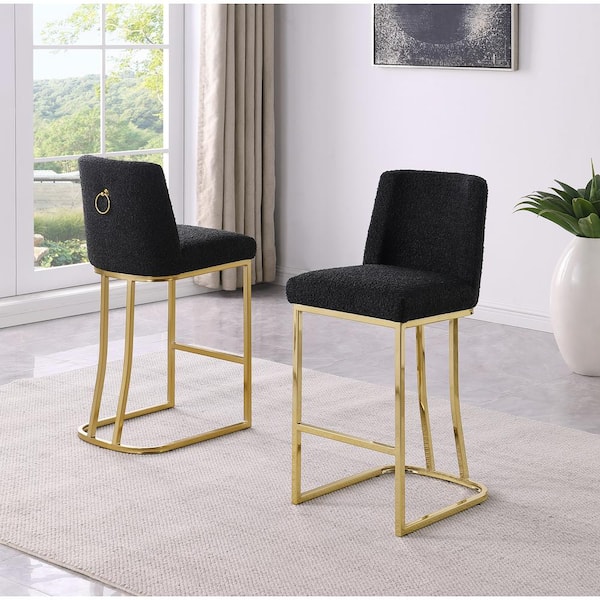 Best Quality Furniture Owen Black Boucle Fabric Bar Stool (Set of 2) With Gold Chrome Legs