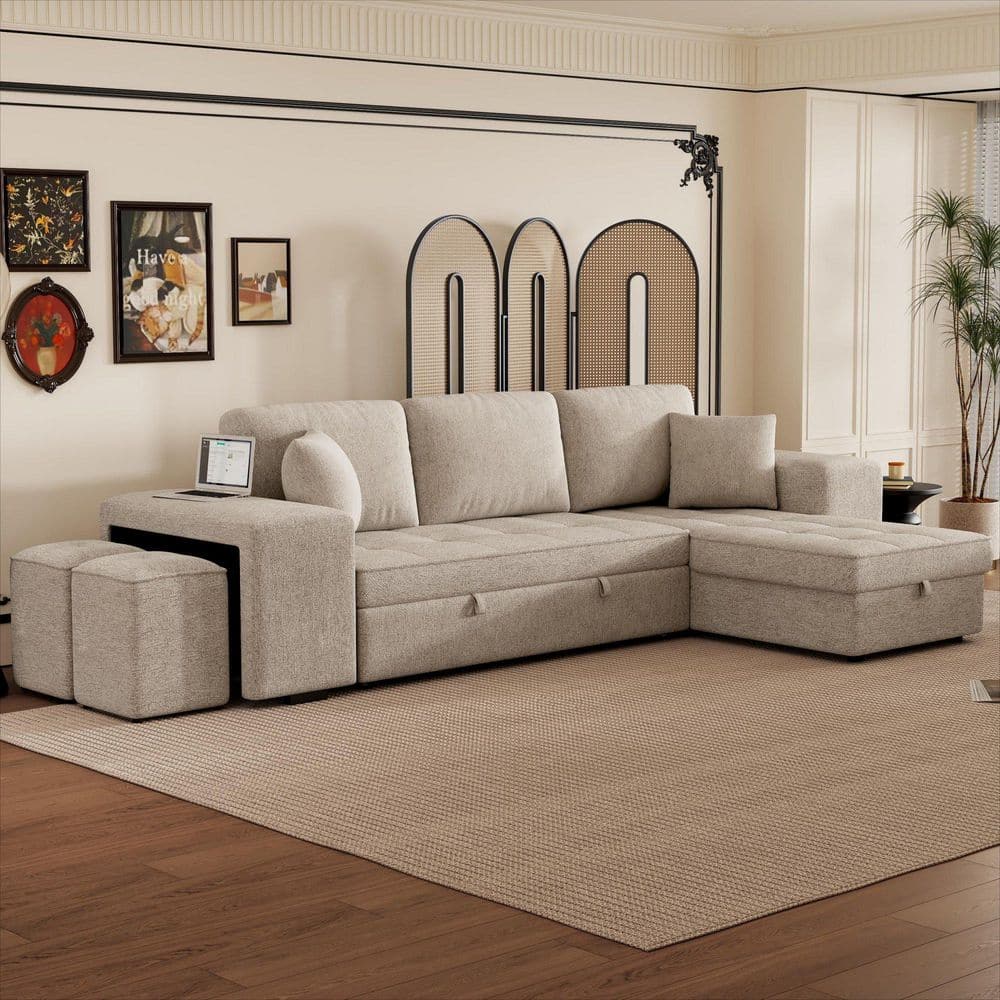 104.5 in. Square Arm Chenille Sectional Sofa with Storage Chaise and 2 Stools in. Cream