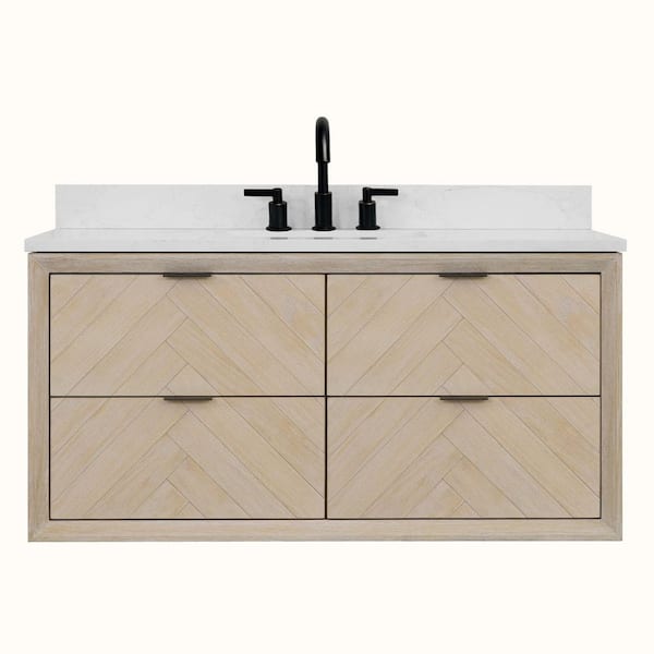 Solid Wood Contemporary 48 in. Wall Mount Whitewashed Oak Bath Vanity with White Artificial Stone Top Assembled