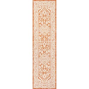 Sinjuri Orange/Cream 2 ft. x 10 ft. Medallion Textured Weave Indoor/Outdoor Area Rug