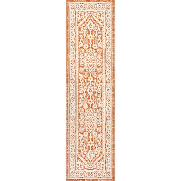 Sinjuri Orange/Cream 2 ft. x 10 ft. Medallion Textured Weave Indoor/Outdoor Area Rug