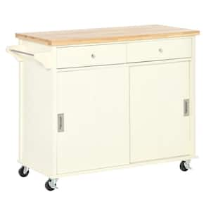 Cream White Rubberwood 43.25 in. W Kitchen Island with Wheels, Cabinets, Towel Rack and Drawers