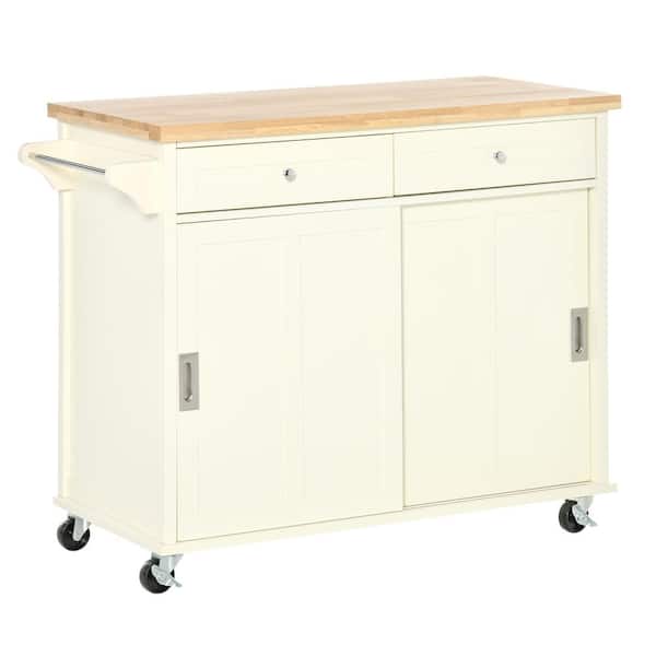HOMCOM Cream White Rubberwood 43.25 in. W Kitchen Island with Wheels, Cabinets, Towel Rack and Drawers