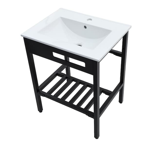 24 in. Ceramic White Single Bowl Sink and Stainless Steel Base in Matte Black Combo with Overflow