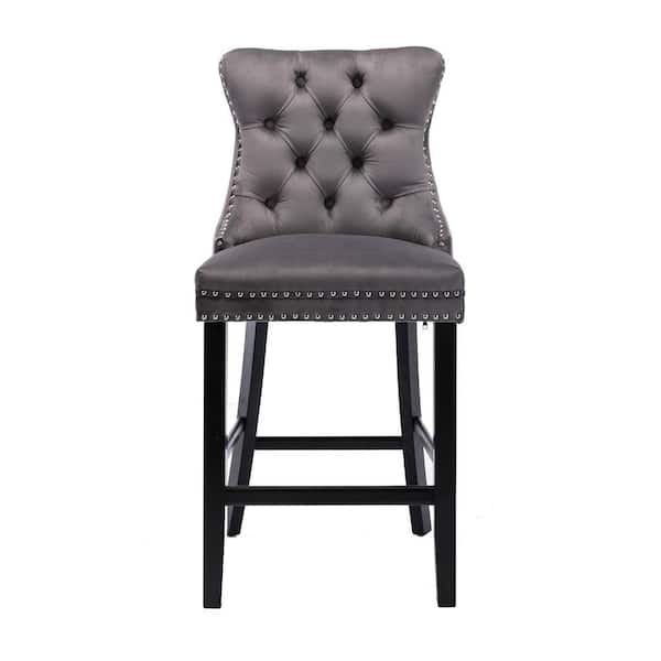 Unbranded Gray Velvet Upholstered Barstools with Button Tufted Decoration and Wooden Legs 2-Pcs