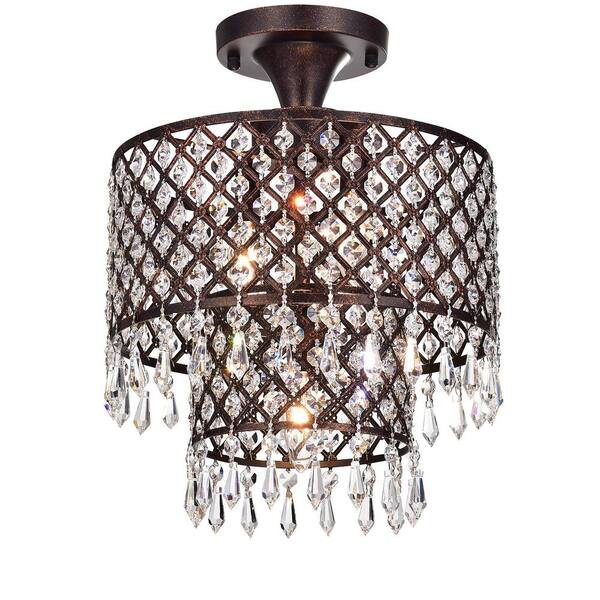 Edvivi Marya Glam 12 in. 3-Light Antique Copper Beaded Dual Drum Semi-Flush Mount with Hanging Crystals