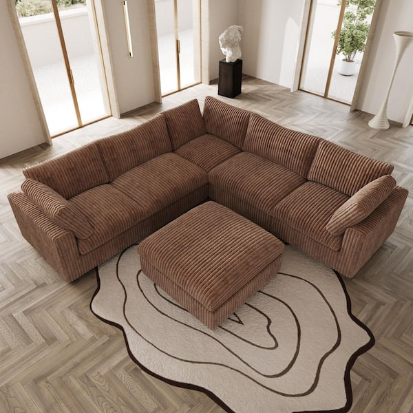 Unbranded 157.48 in. Square Arm 6-piece Rabbit Velvet Plush U-Shaped Free Combination Sectional Sofa with Ottoman in Brown