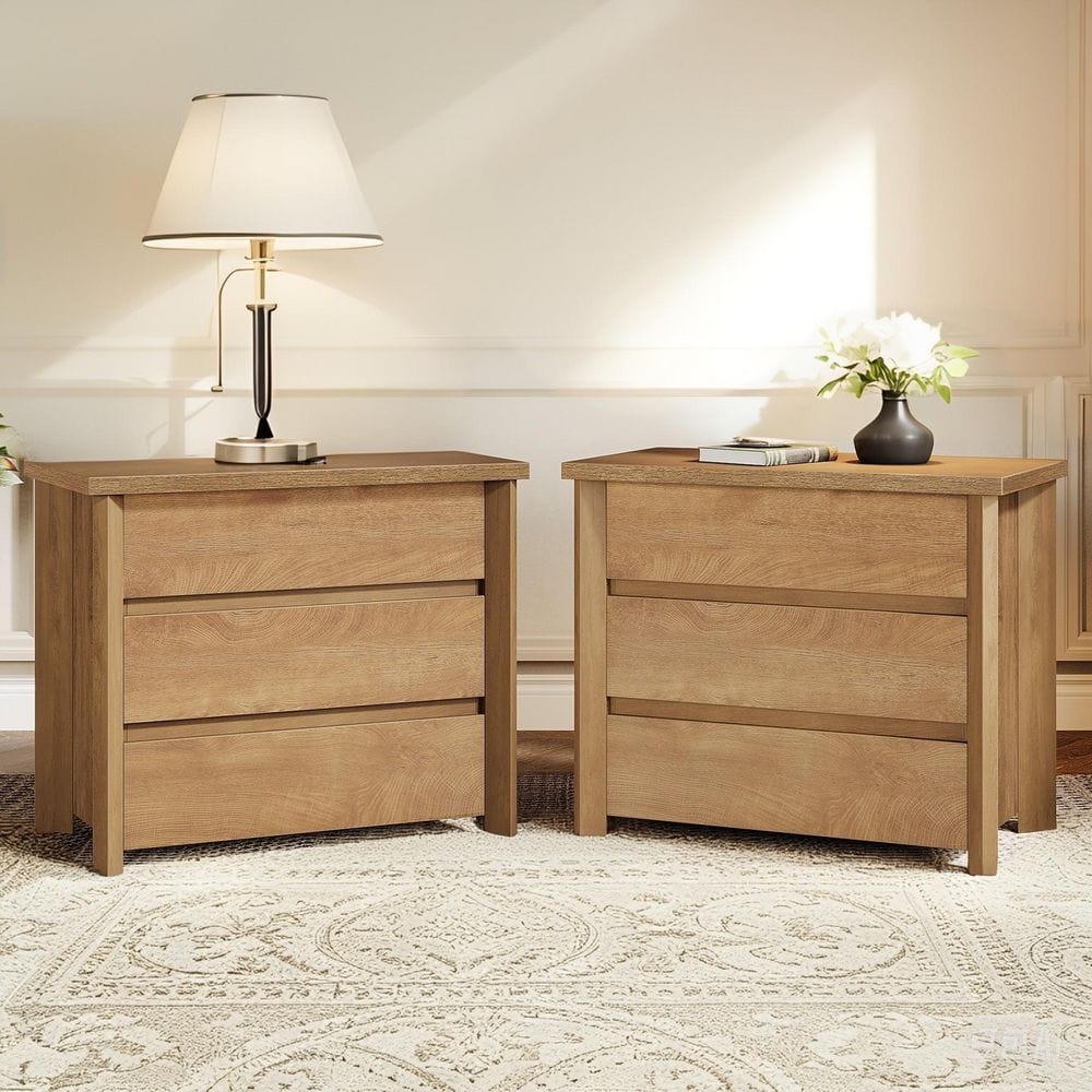 Fenley Walnut 3-Drawer 31.5 in. W Wood Nightstands Set of 2, Farmhouse Bedside Table with Storage for Small Spaces