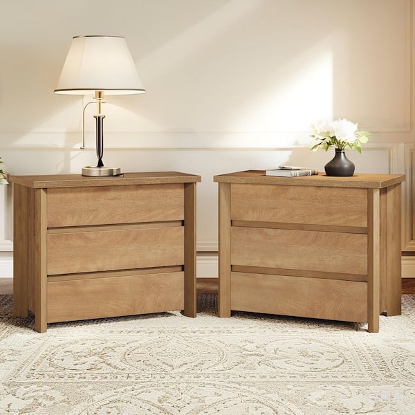 Fenley Walnut 3-Drawer 31.5 in. W Wood Nightstands Set of 2, Farmhouse Bedside Table with Storage for Small Spaces