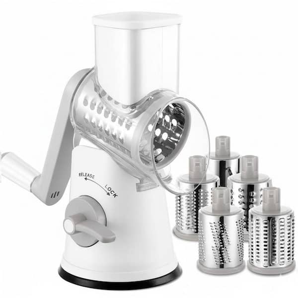 White Rotary Cheese Grater with Handle and Suction Base, Five Stainless Steel Blades for Vegetables and Nuts
