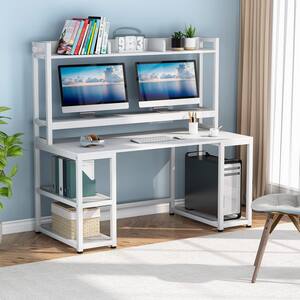 Harold 55.12 in. Rectangular White Wood and Metal Computer Desk with Hutch, Storage Shelves and Monitor Stand Riser