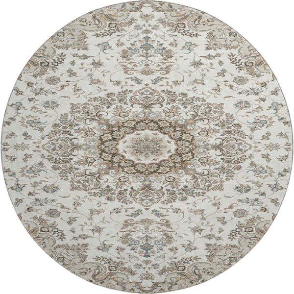 Mayfield Premium Machine Washable Abstract AMF2495 Ivory 8 ft. x 8 ft. Round Rug