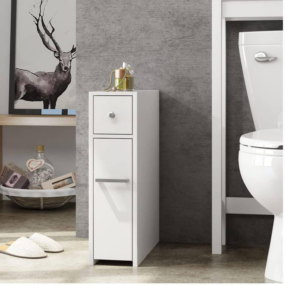 White Slim Bathroom Storage Cabinet with Slide Out Drawer