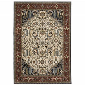 Ivory Beige Red Blue Gold Green and Navy 3 ft. x 5 ft. Oriental Power Loom Stain Resistant Fringe with Area Rug