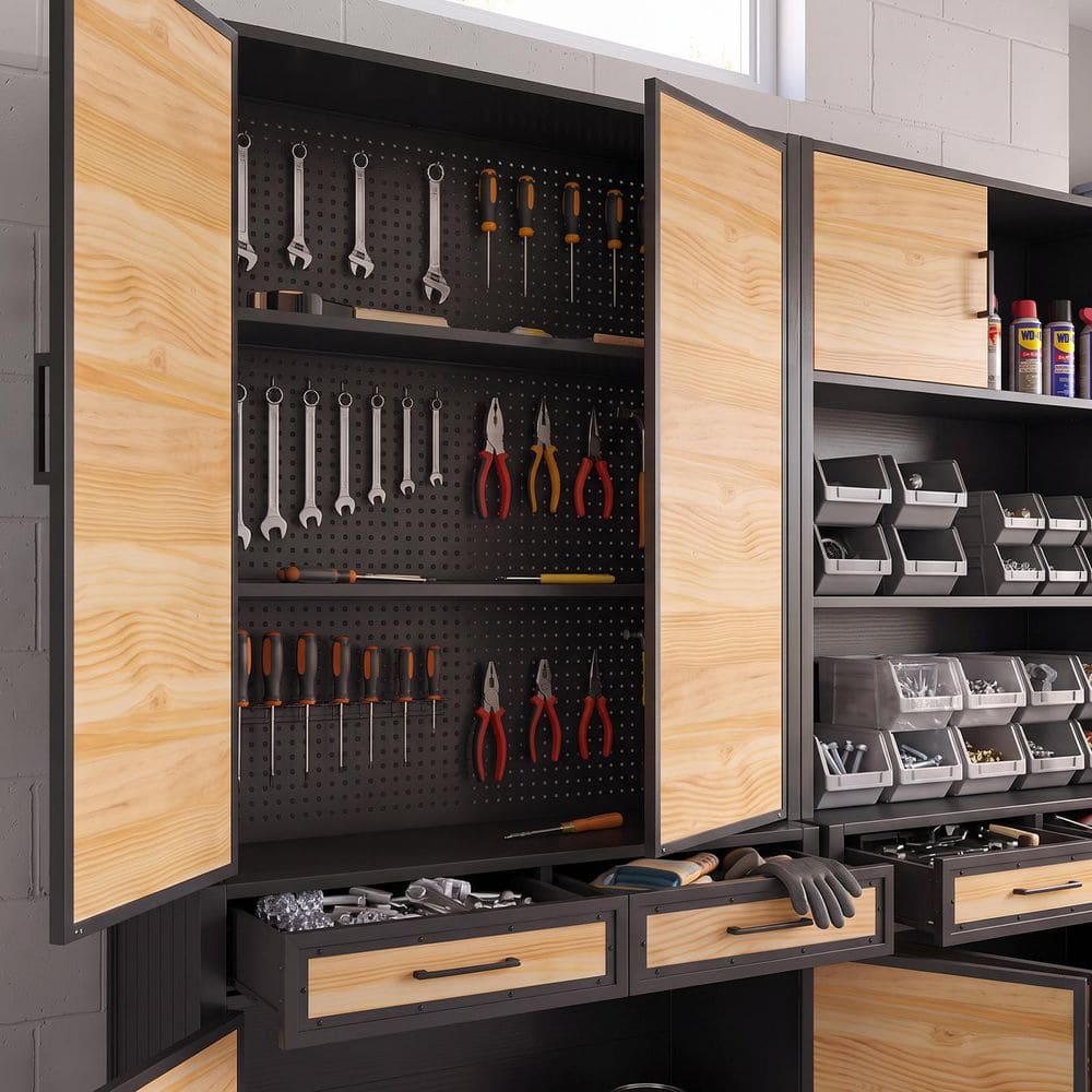 Black and natural wood storage cabinet with doors and drawers.