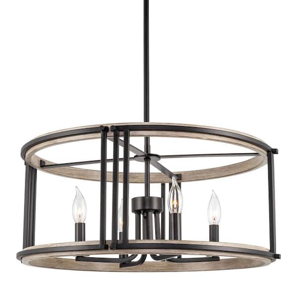 Kira Home Vista 22.5 in. 60-Watt 4-Light Black / Light Cedar Wood Style Farmhouse Drum Pendant Light