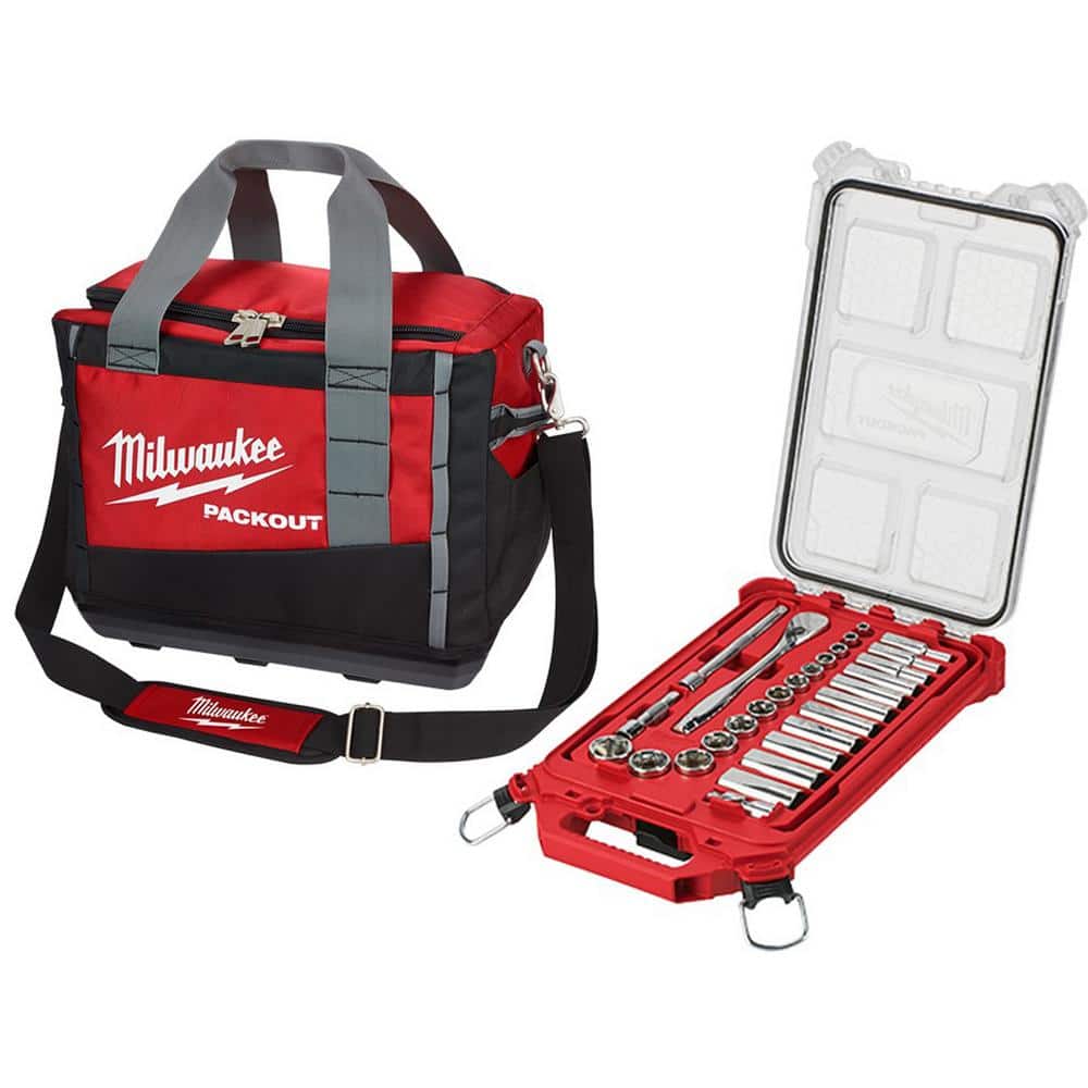 Milwaukee 3/8 in. Drive SAE Ratchet and Socket Mechanics Tool Set with  PACKOUT Case (28-Piece) and 15 in. PACKOUT Tool Bag 48-22-9481-48-22-8321  The Home Depot